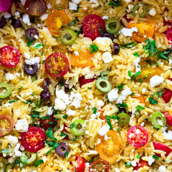 orzo with cherry tomatoes, olives and fetta.
