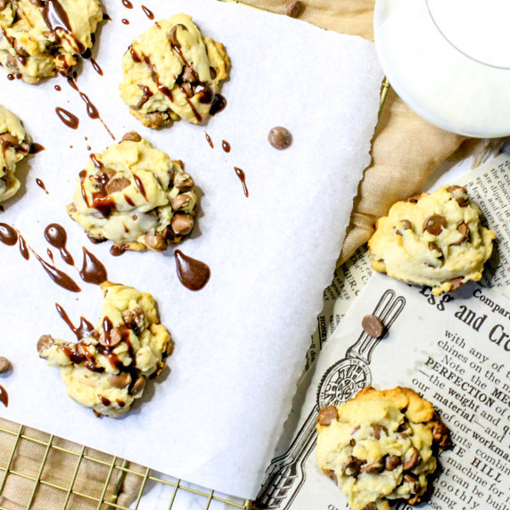 Chocolate Chip cookies made with honey drizzled with chocolate ganache 