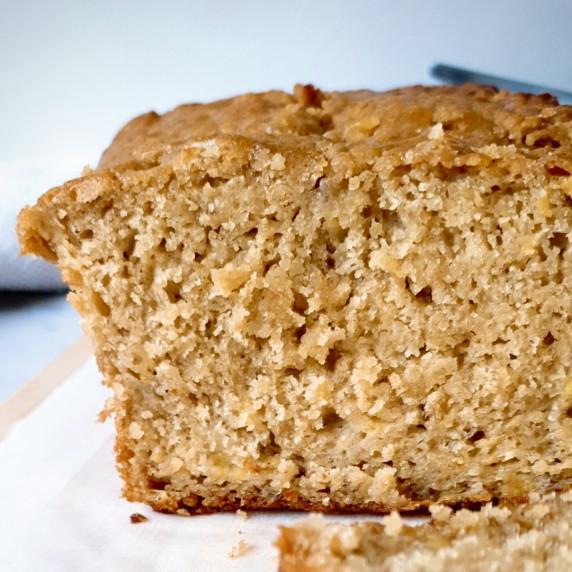 Close up shot of a slice of Moist Banana bread recipe.