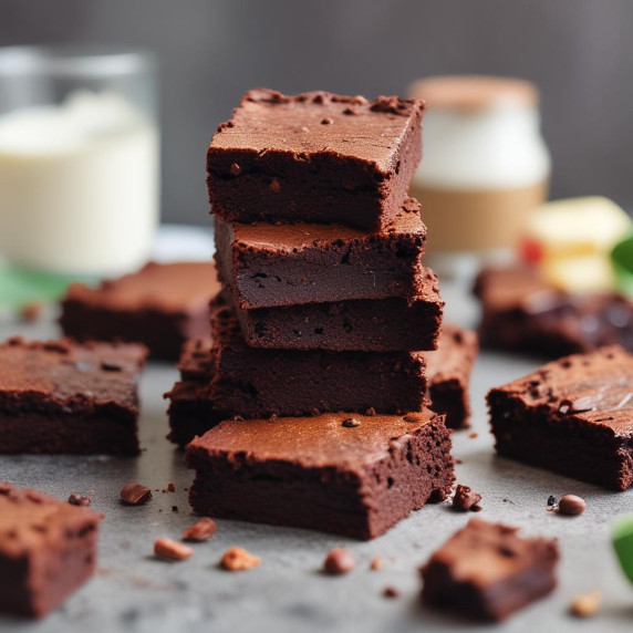 Square pieces of coconut flour and cocoa brownies lay on top of each other on a gray table