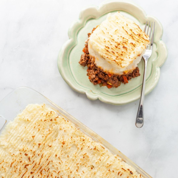 Shepherd's Pie on a plate and in a pan 