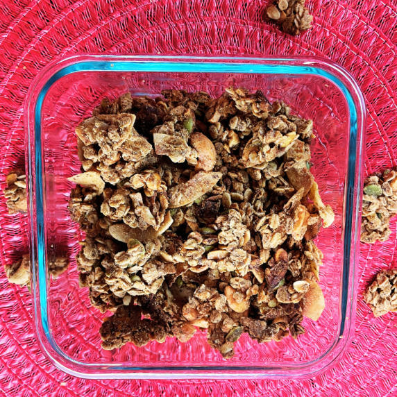coconut granola is vegan in a glass container 
