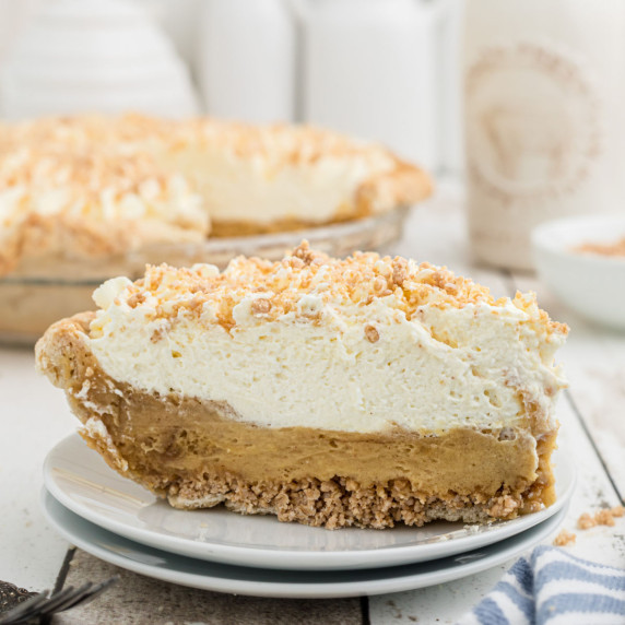 Side view of a slice of Amish Peanut Butter Pie.