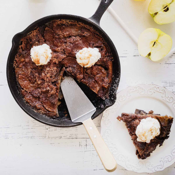 Overhead view of apple breakfast bake in a cast iron skillet