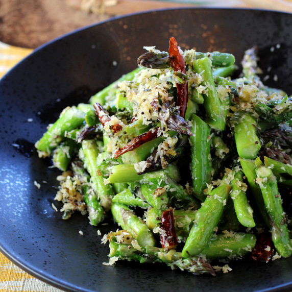 Indian-style asparagus with coconut, chilies, and mustard seeds.
