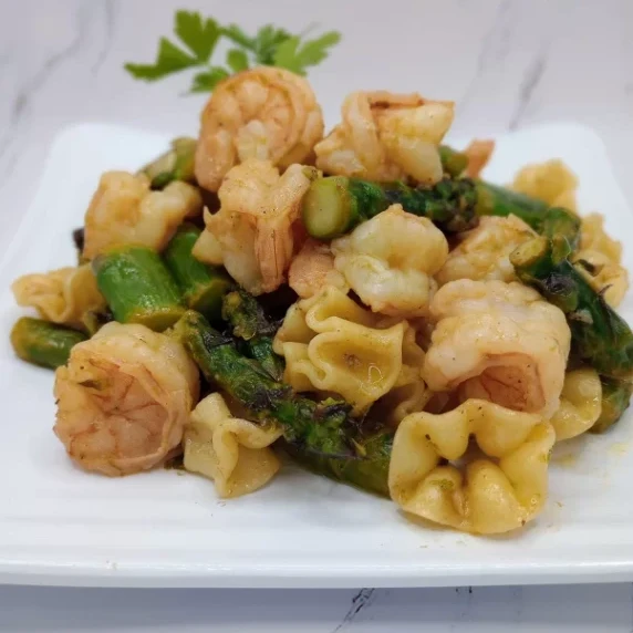 Asparagus and Shrimp recipe made scampi-style. 