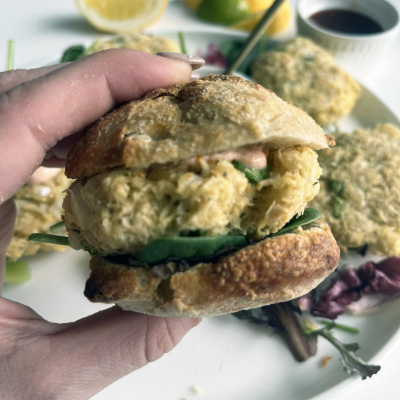 baked asian-style crab cake in a sourdough bun