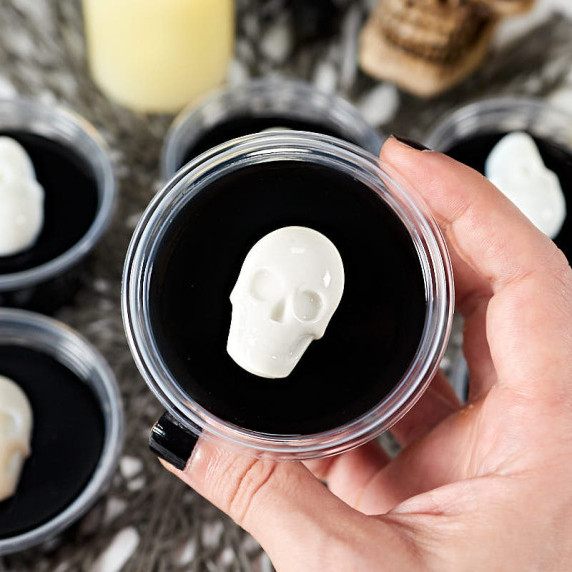 Black jello shot with white jelly skull.