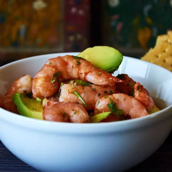 Acapulco style shrimp ceviche in white bowl