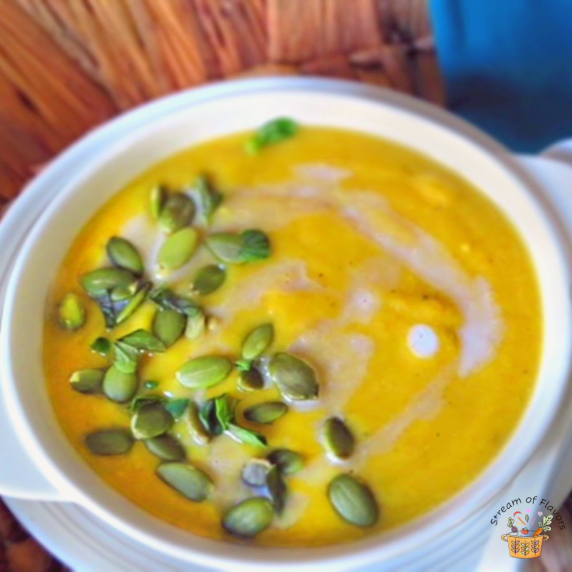 Carrot Squash Soup with butternut squash, sweet potato, carrots, and, fresh coconut milk