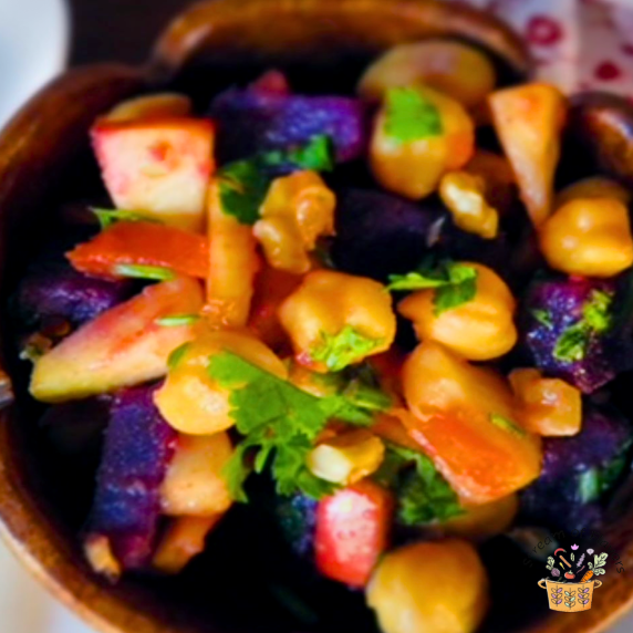 Chana Salad with apples, sweet potatoes, grape tomatoes, and white chickpeas and tamarind-ginger