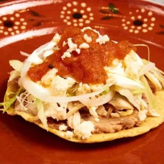 Chicken Tostada Salsa Roja and Queso Ranchero