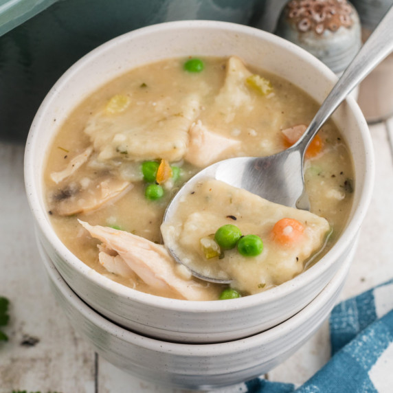 A bowl of chicken dumpling soup.