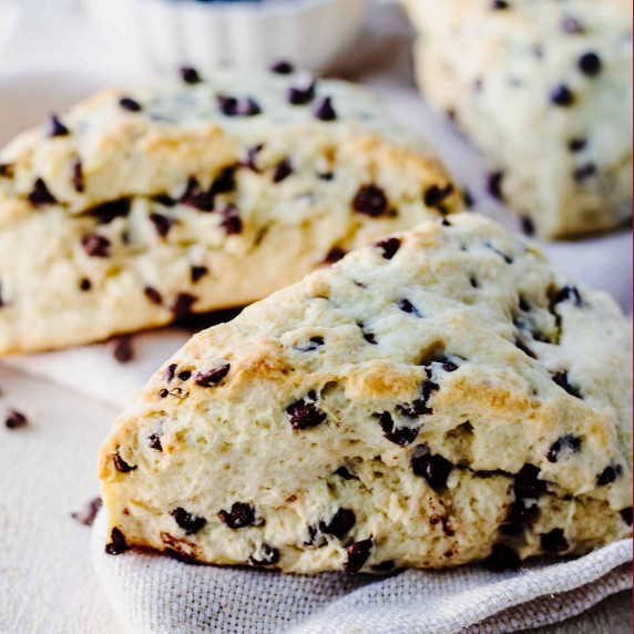Chocolate chip scones on a white napkin