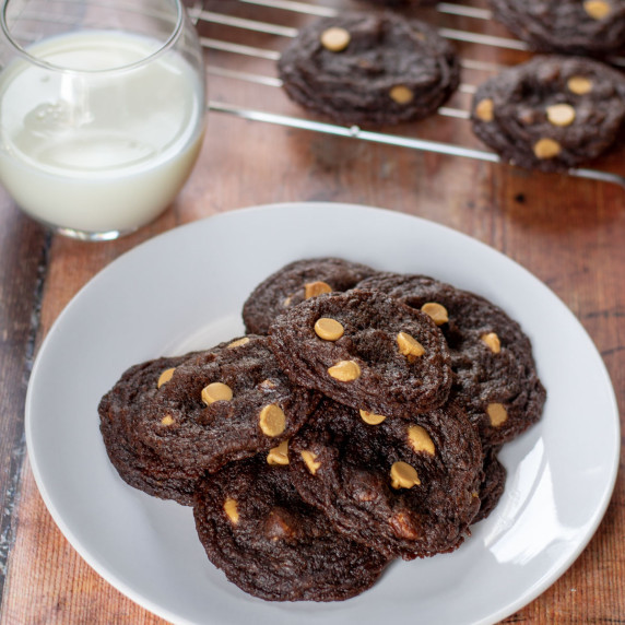 chocolate peanut butter chip cookies on a white plate