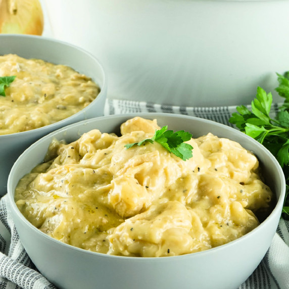 Bowl of chicken and dumplings.