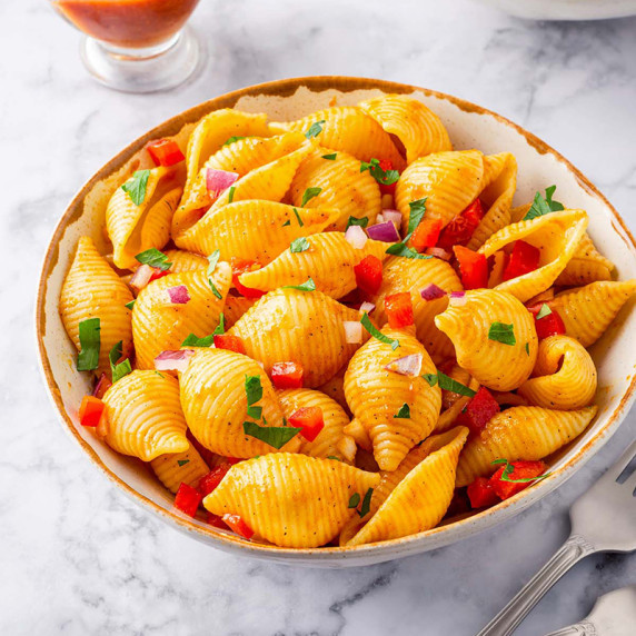 The bowl with curry pasta salad