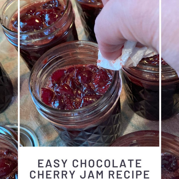 chocolate and dark sweet cherry jam in jars
