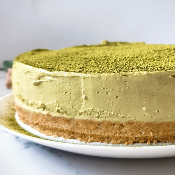 Matcha Cheesecake Recipe over a white plate.