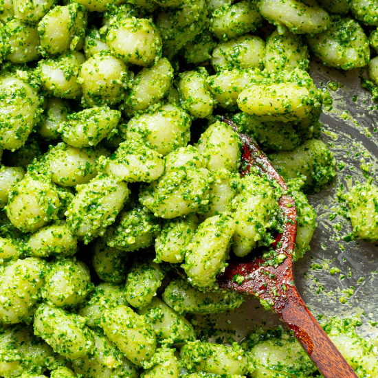 Close up photo of pesto gnocchi