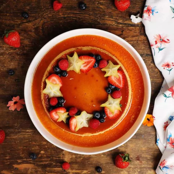 Flan Napolito Fruit Topped Cream Cheese Flan and Caramel Sauce