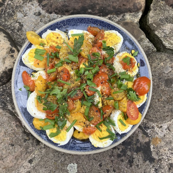 blue plate of eggs on rock wall.