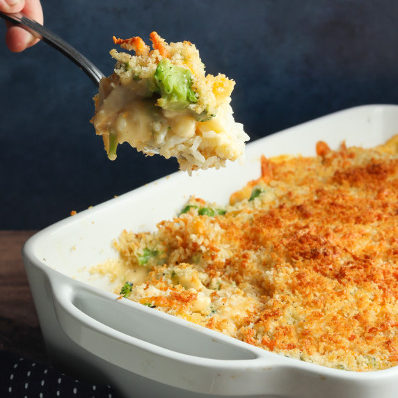 broccoli chicken casserole in a white dish