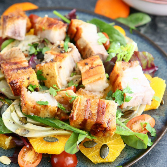 Crispy Apple Cider Pork Belly Salad