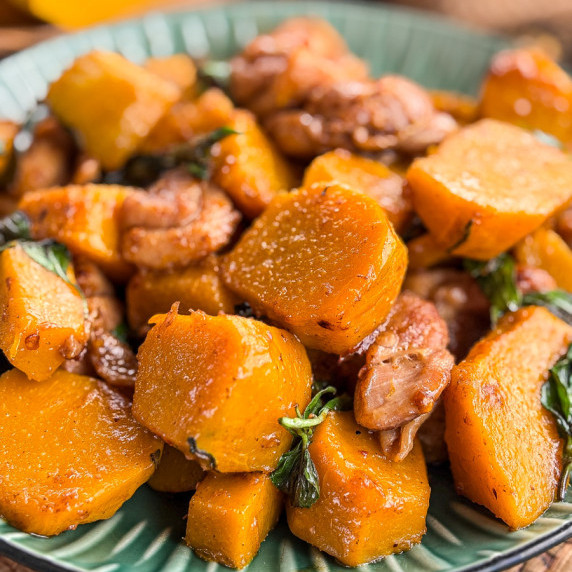 Close-up of Thai pumpkin stir-fry with chicken.