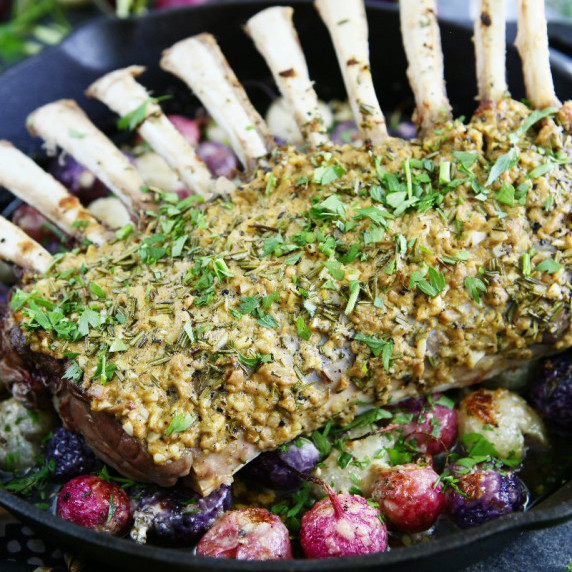 Rosemary Dijon Rack of Lamb with Smashed Radishes