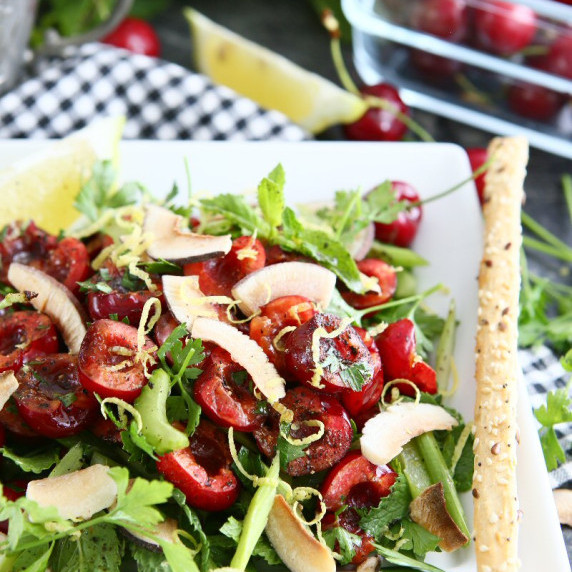 Cherry and Fresh Herb Salad with Coconut Chips