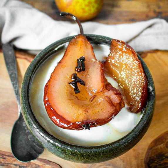 Stewed bosc pears for yogurt bowl breakfast. 