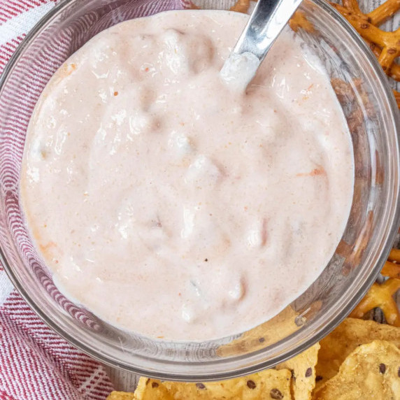 Salsa and yogurt mixture in clear bowl