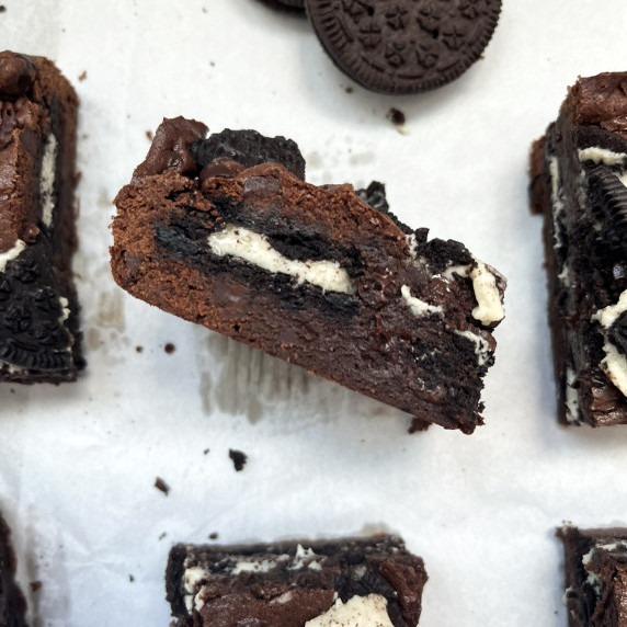 layered oreo brownie turned on its side