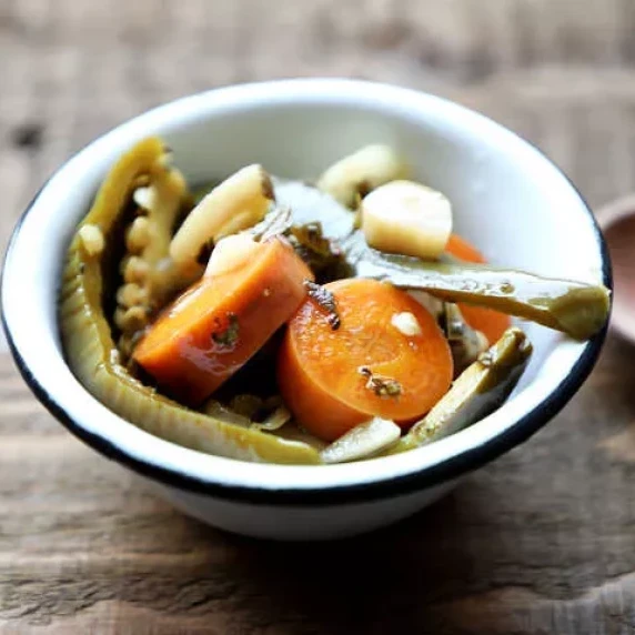 Mexican Pickled Peppers in white bowl