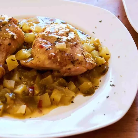 Tomatillo Chicken on white plate