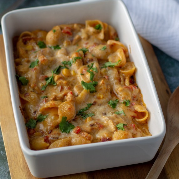 Mexican Mac & Cheese in a white casserole dish