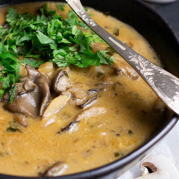 mixed mushroom soup in a bowl