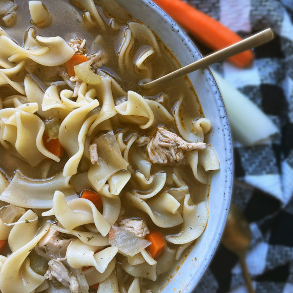 chicken noodle soup in a pot