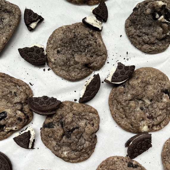 oreo crumble cookies with crumbled oreos scattered