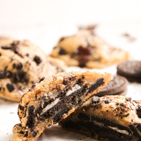 A view of a cut-open Oreo stuffed chocolate chip cookie