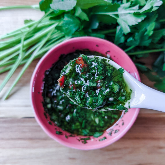 Chimichurri in a small bowl 