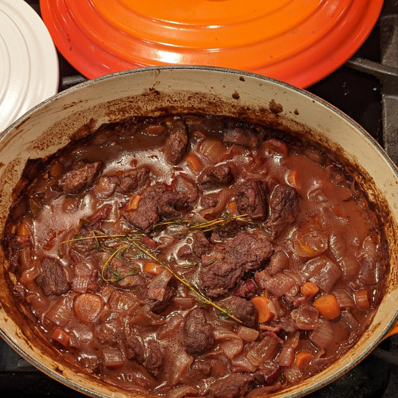 Beef Bourguignon in dutch oven 