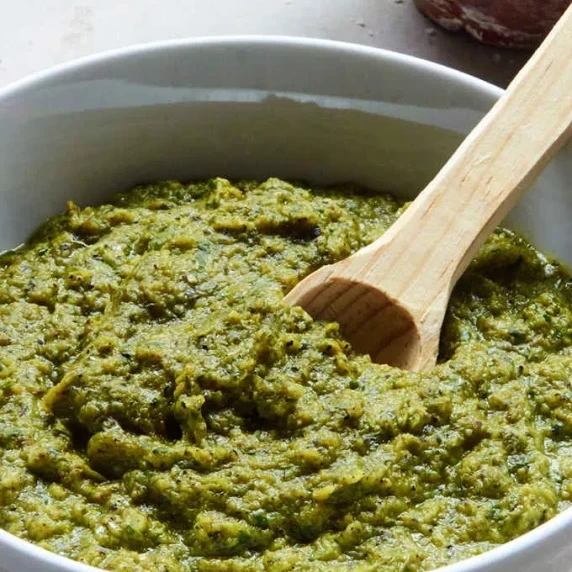 Pan fried roasted jalapeño salsa in a serving bolw