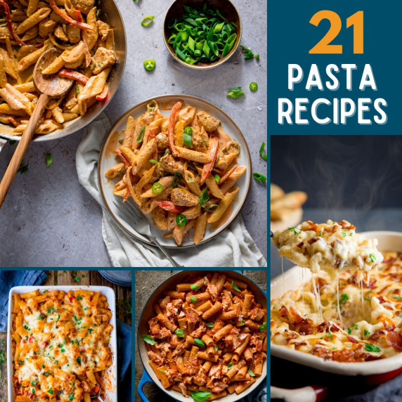 4 images of different pasta dishes highlighting a round up of 21 pasta recipes.