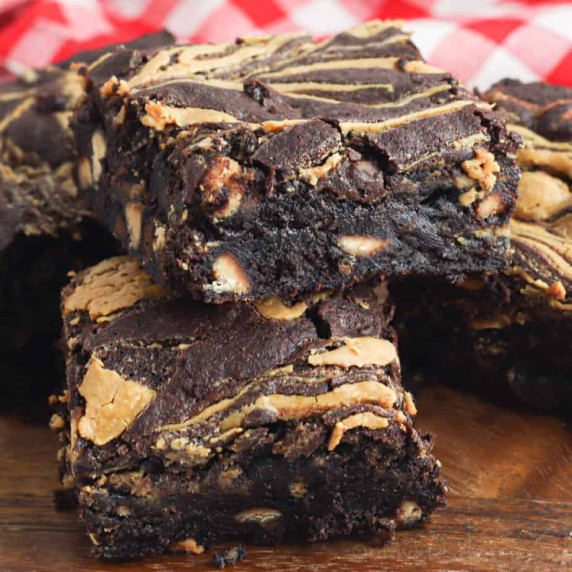 Close up of a chocolate brownie swirled with peanut butter.