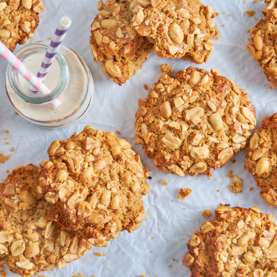 Peanut Brown Butter Protein Sourdough Cookies from above on a tray, showing the peanut coated tops