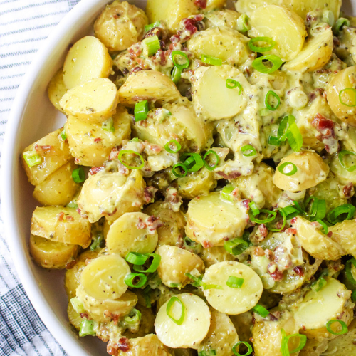 Pesto Potato Salad in a white bowl.