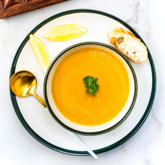 Bowl of red lentil and cauliflower soup.