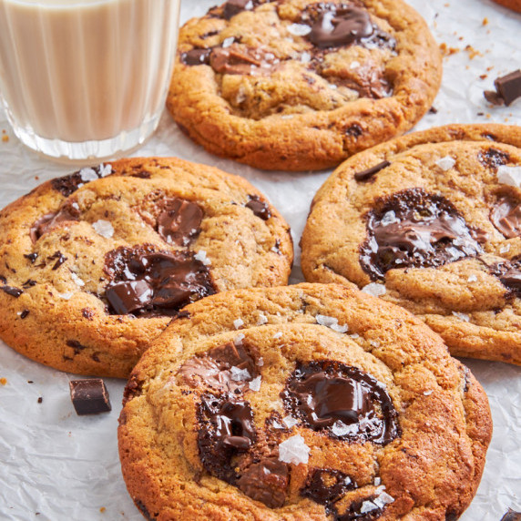 Rippled Sourdough Discard Protein Chocolate Chip Cookies from above, showing the melted chocolate